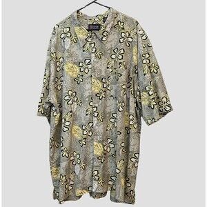 HB Harbor Bay Men's Hawaiian Floral Print 4X 100% Cotton Gray Yellow #1168